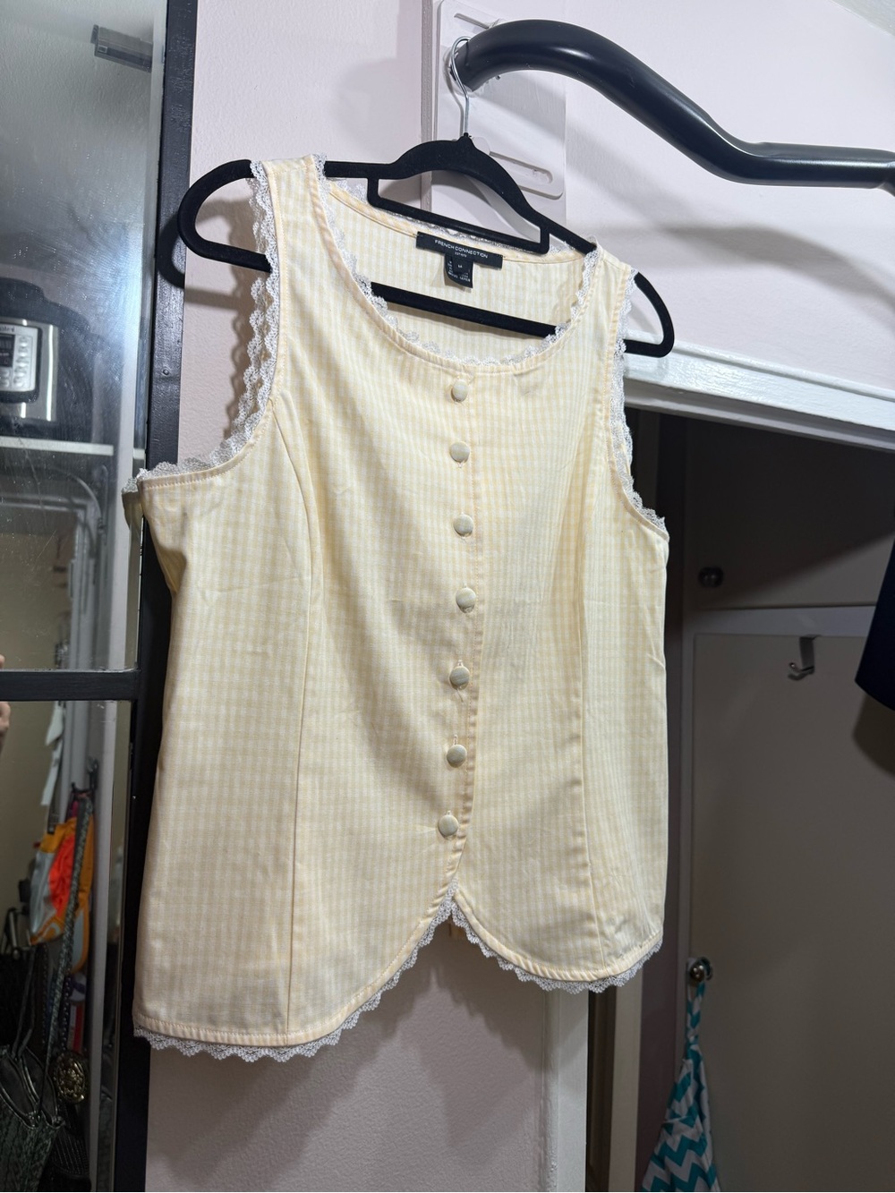 Sleeveless Yellow Lace-Trim Button Front Top